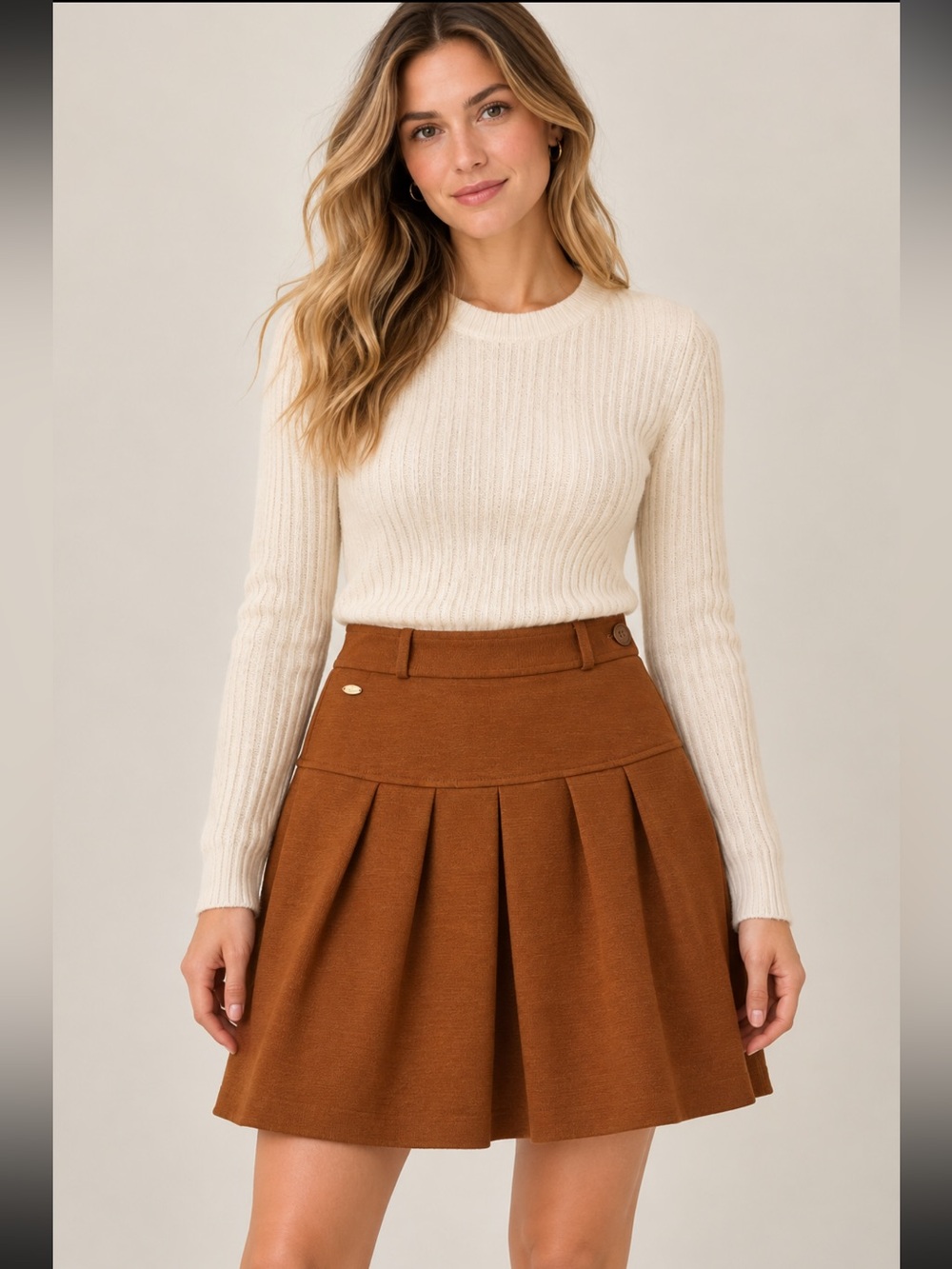 Lacoste Brown Pleated A-Line Mini Skirt Wool Blend Size 40
